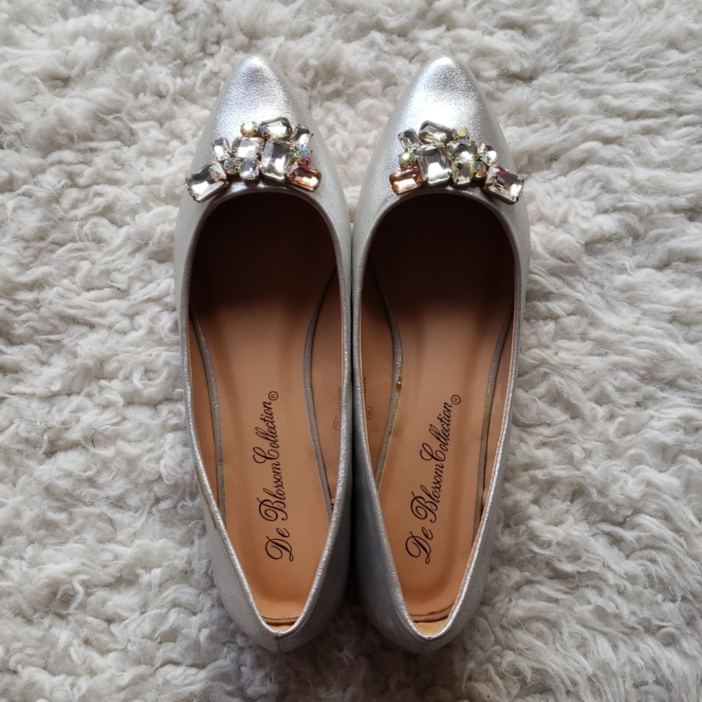 Silver Embellished Flat Pumps